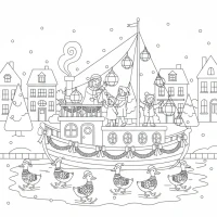 family decorating houseboat with festive ducks