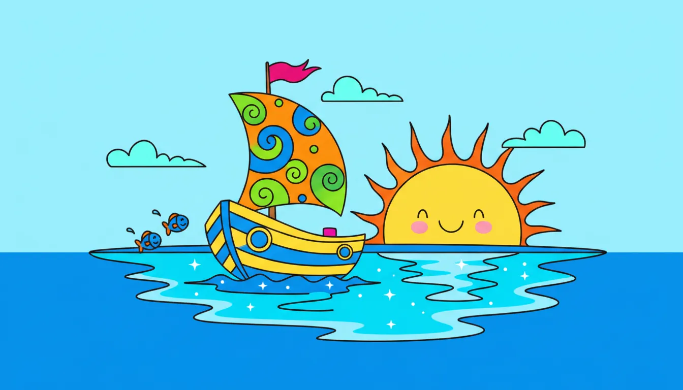 calm lake boat sailing sunset coloring page to print