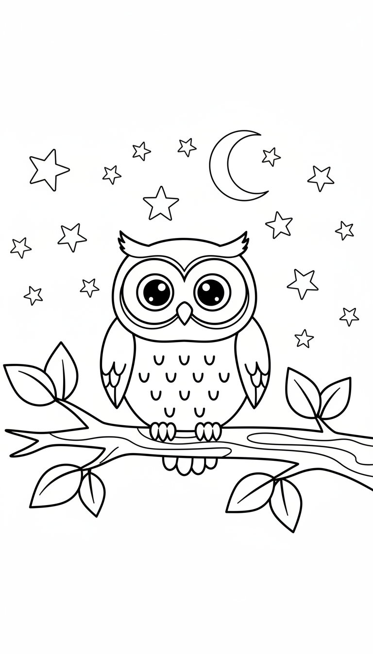 cute owl on a tree branch under stars coloring page to print