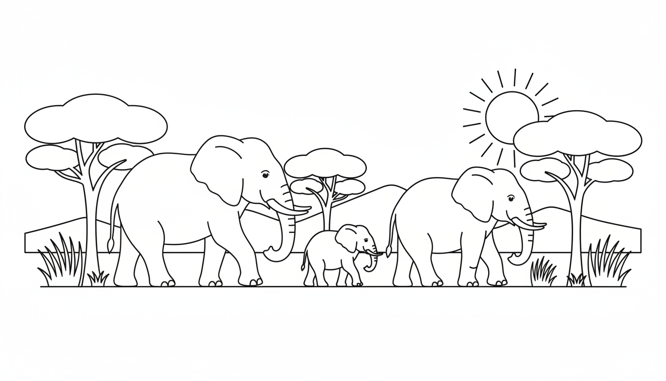 family of elephants walking through the savannah coloring page to print
