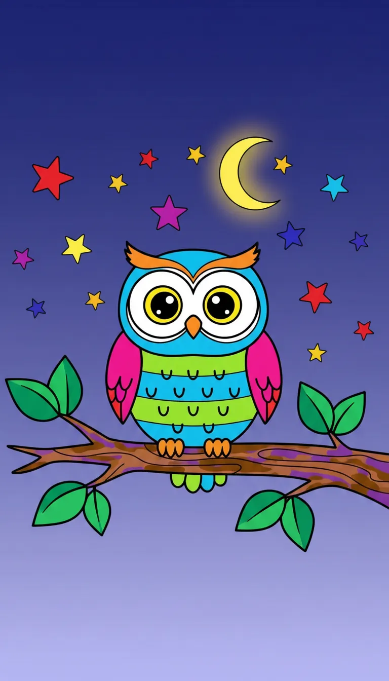 cute owl on a tree branch under stars coloring page to print
