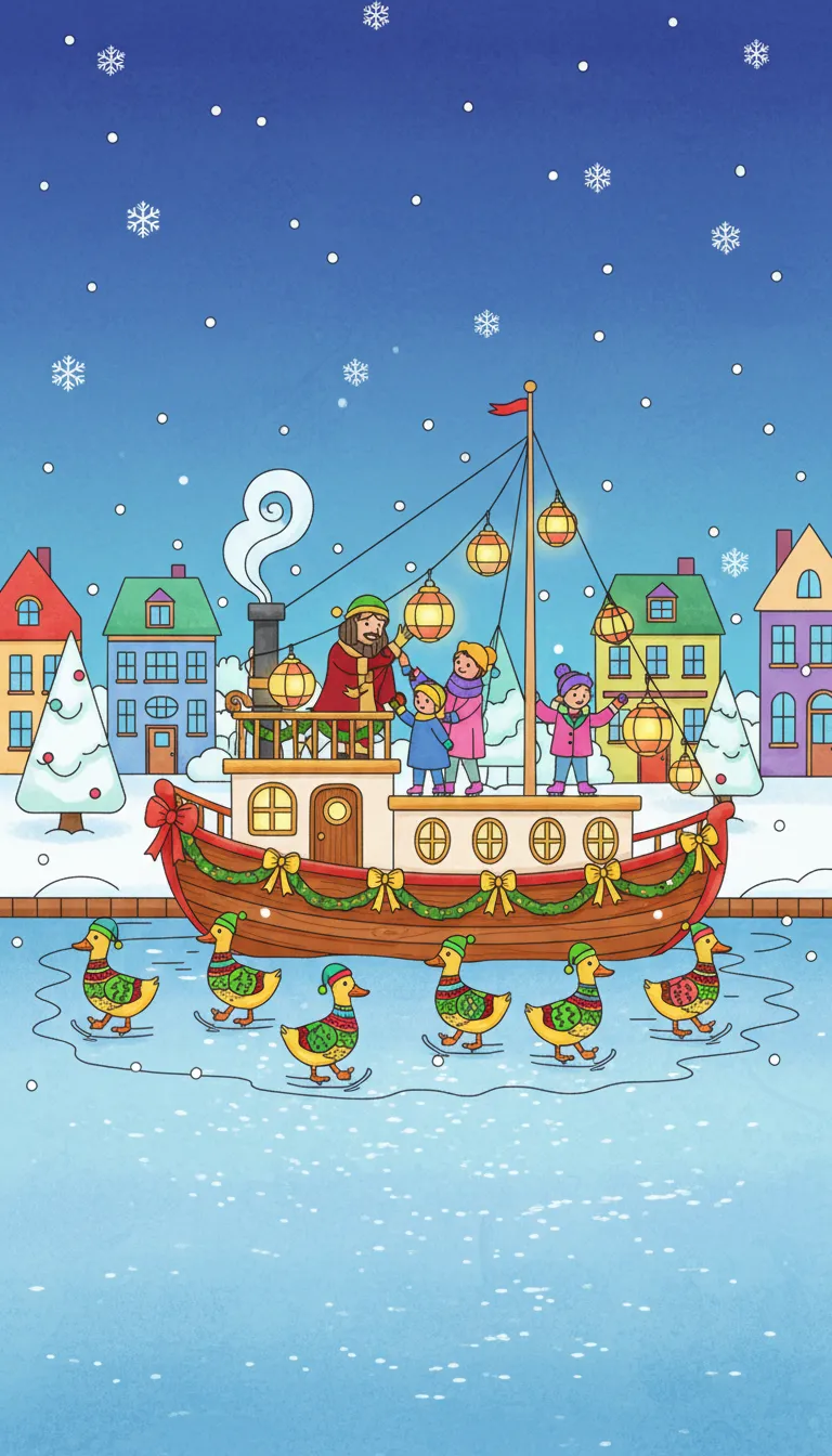 family decorating houseboat with festive ducks coloring page to print