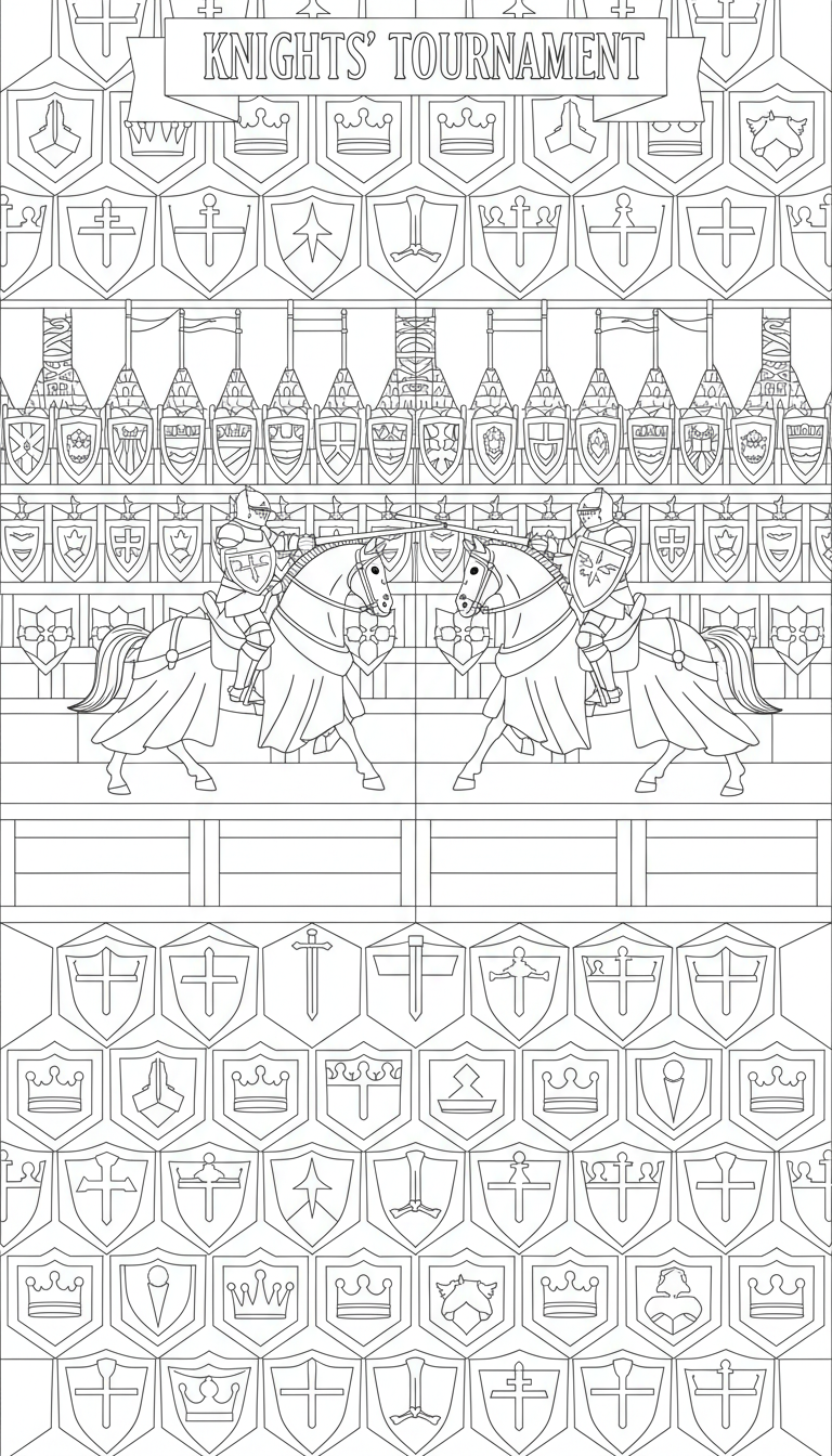 knights' tournament with armored riders jousting coloring page to print
