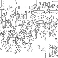 A lively parade with marching bands, dancers, and decorated floats.