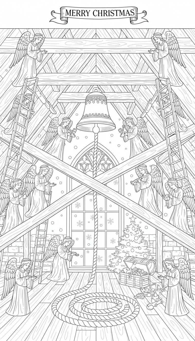 Christmas cathedral attic with angels and bells coloring page to print