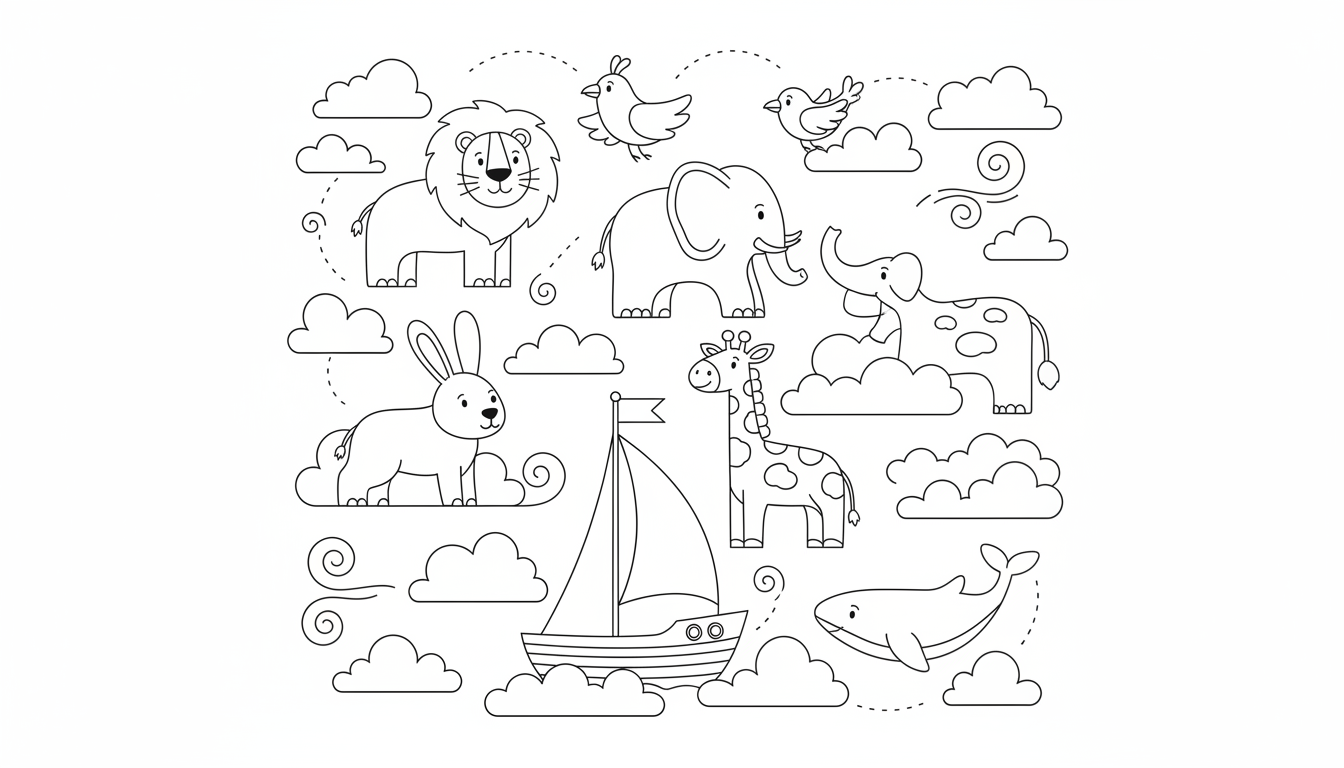 Whimsical boat sailing through cloud animals coloring page to print
