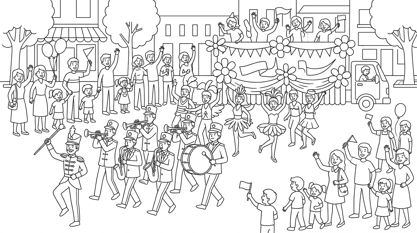 A lively parade with marching bands, dancers, and decorated floats. coloring page to print