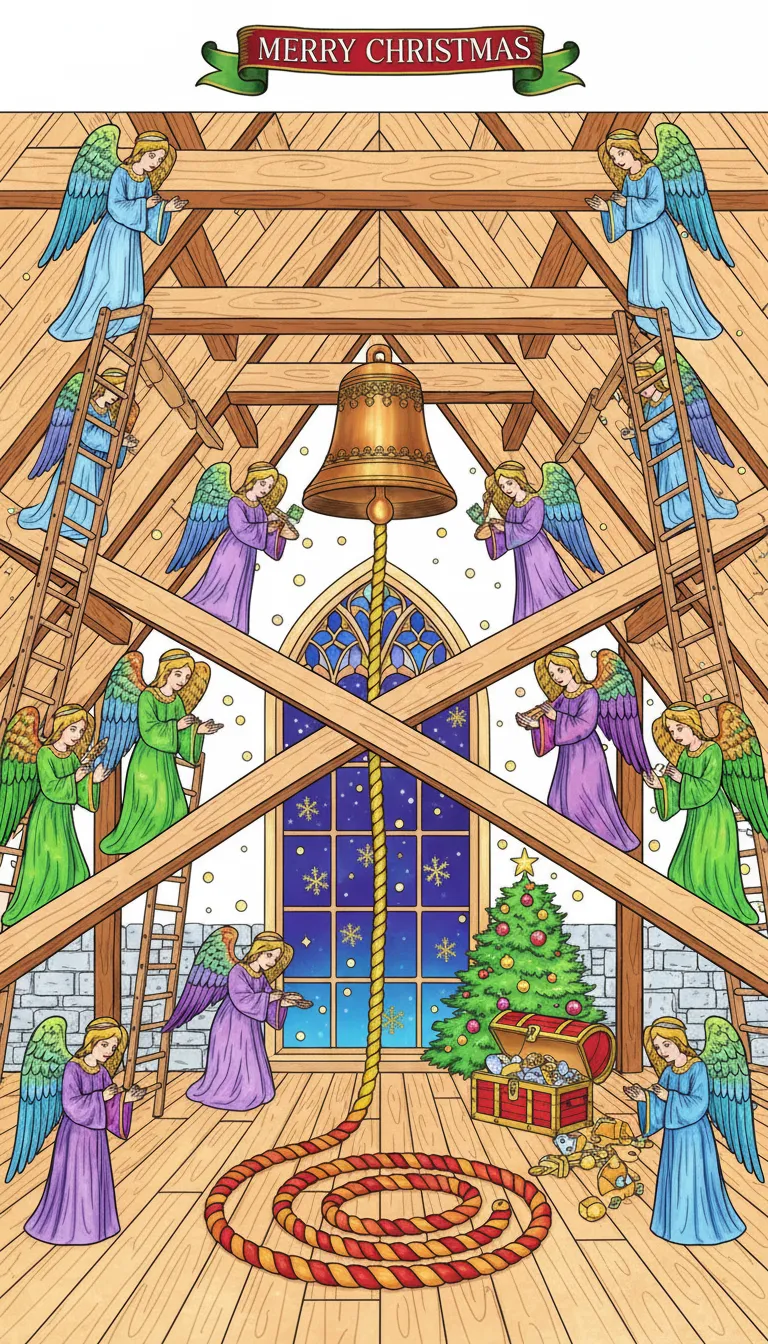 Christmas cathedral attic with angels and bells coloring page to print