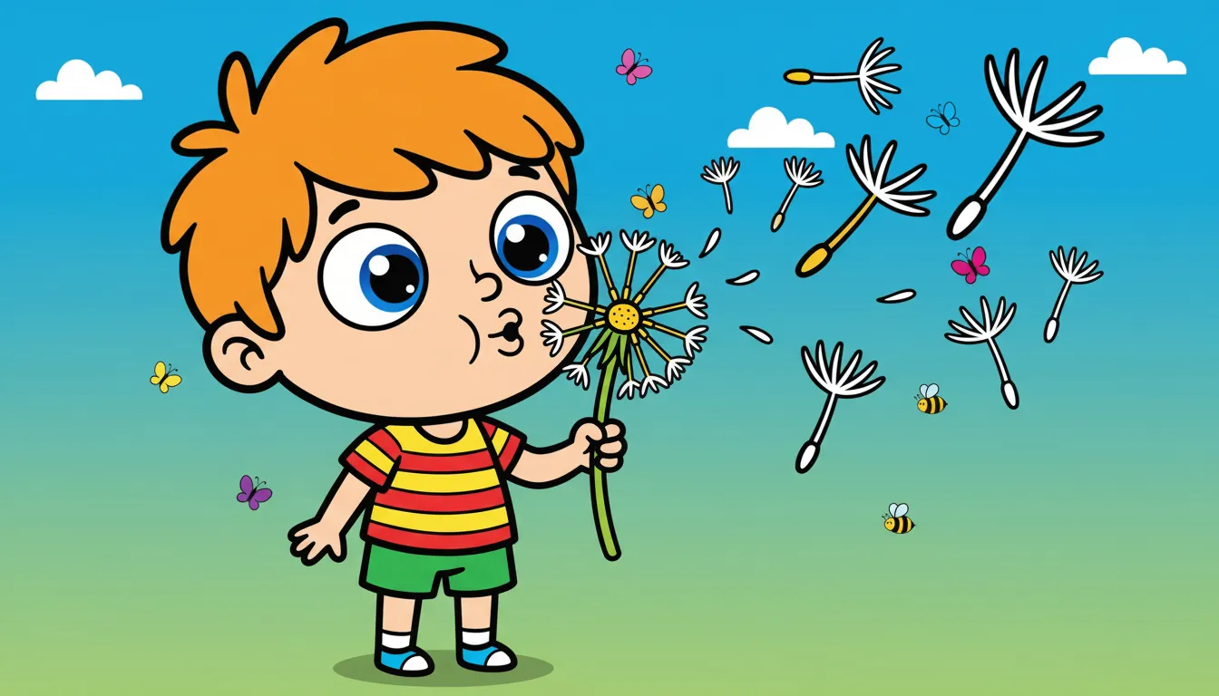 A child blowing dandelion seeds into the air. coloring page to print