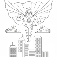 A superhero flying through the city sky with a big cape.