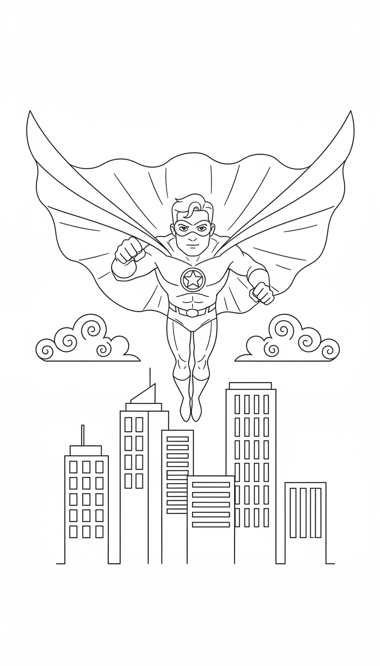 A superhero flying through the city sky with a big cape. coloring page to print