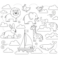 Whimsical boat sailing through cloud animals