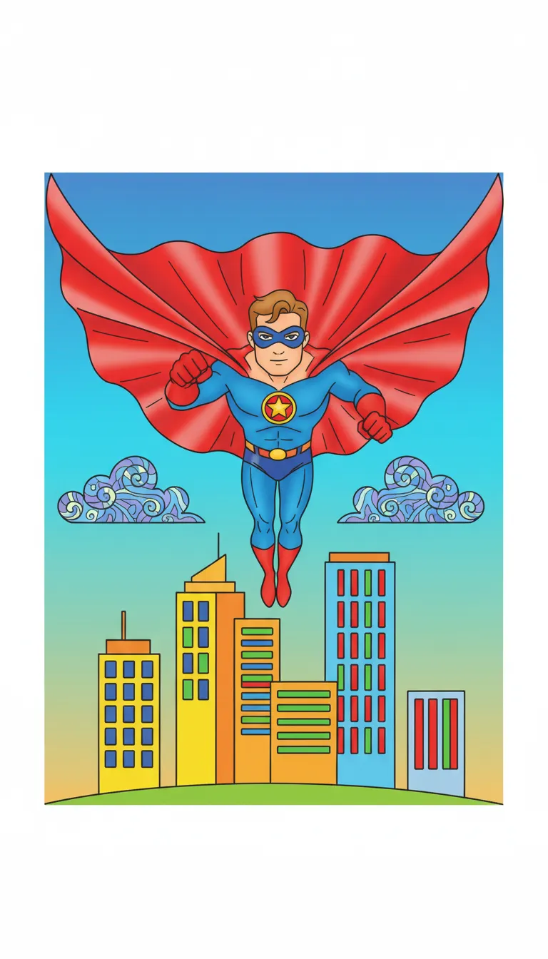 A superhero flying through the city sky with a big cape. coloring page to print