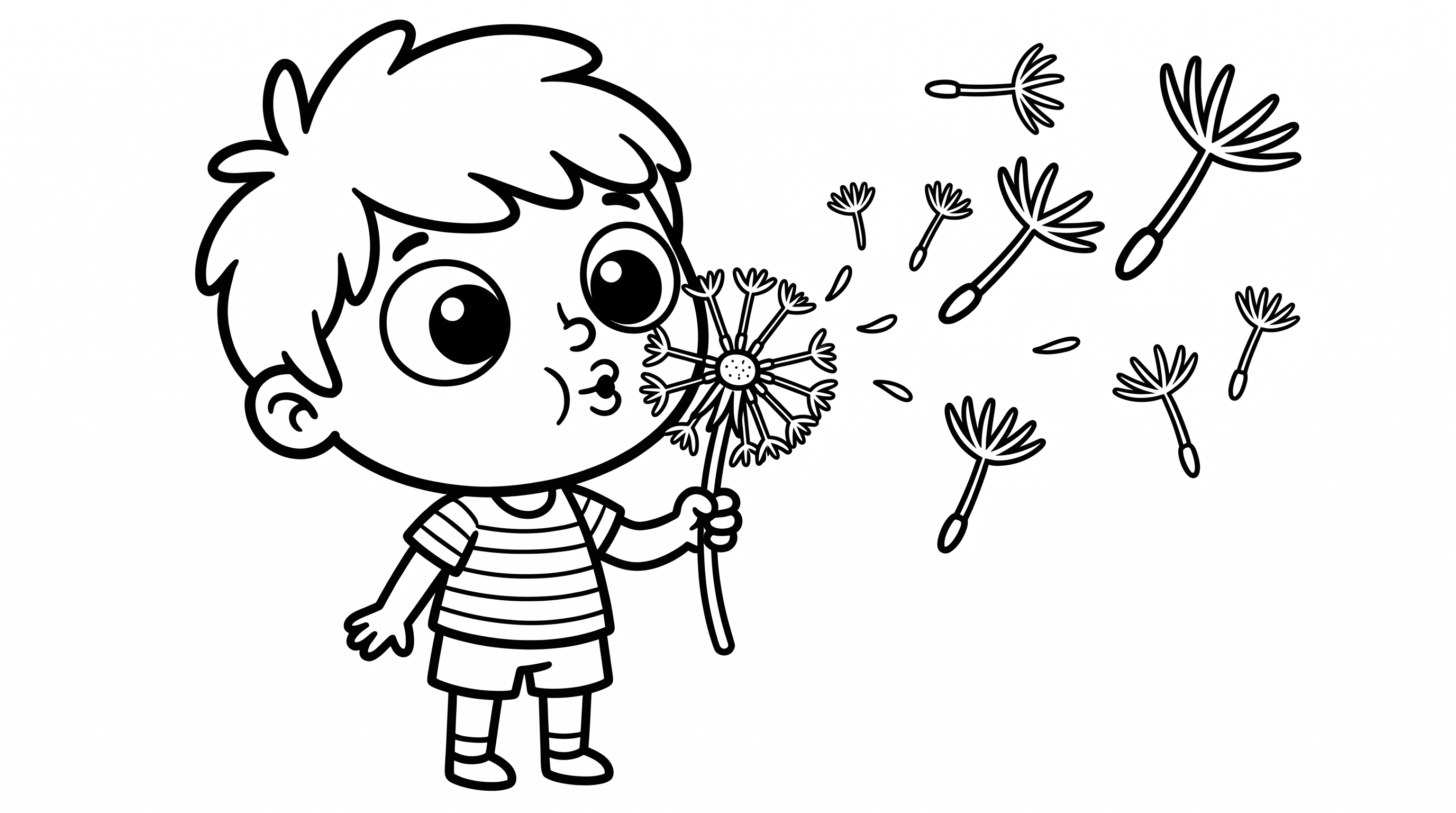 A child blowing dandelion seeds into the air. coloring page to print