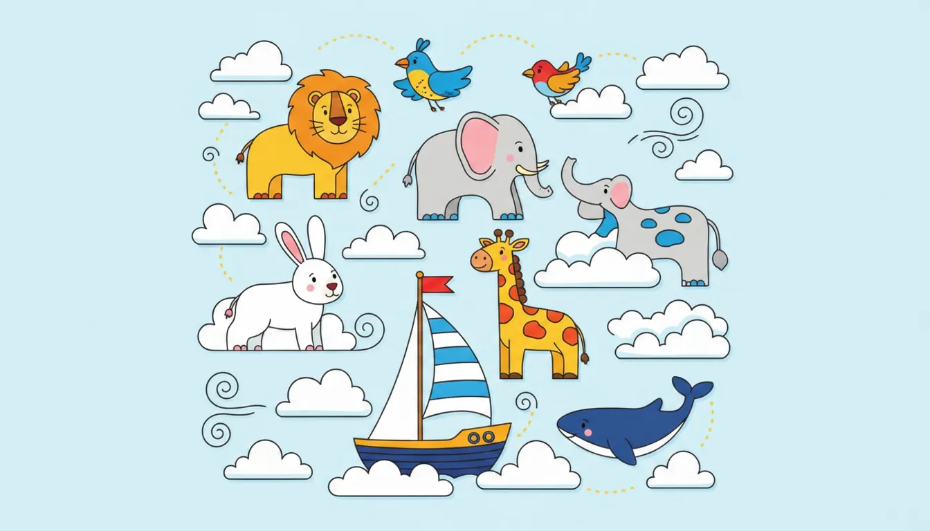 Whimsical boat sailing through cloud animals coloring page to print
