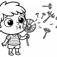 A child blowing dandelion seeds into the air.