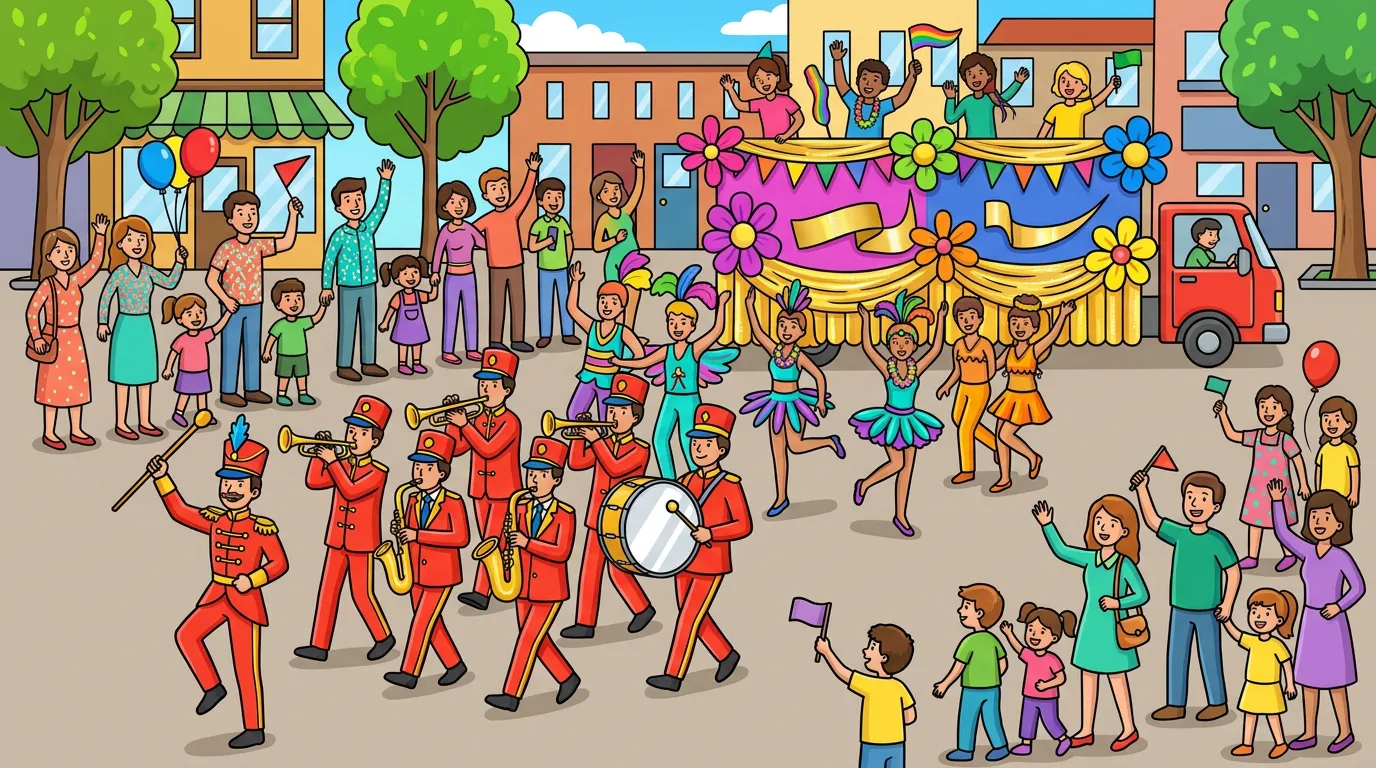 A lively parade with marching bands, dancers, and decorated floats. coloring page to print