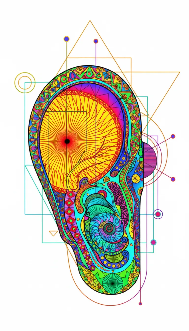 Human ear with detailed eardrum and bones coloring page to print