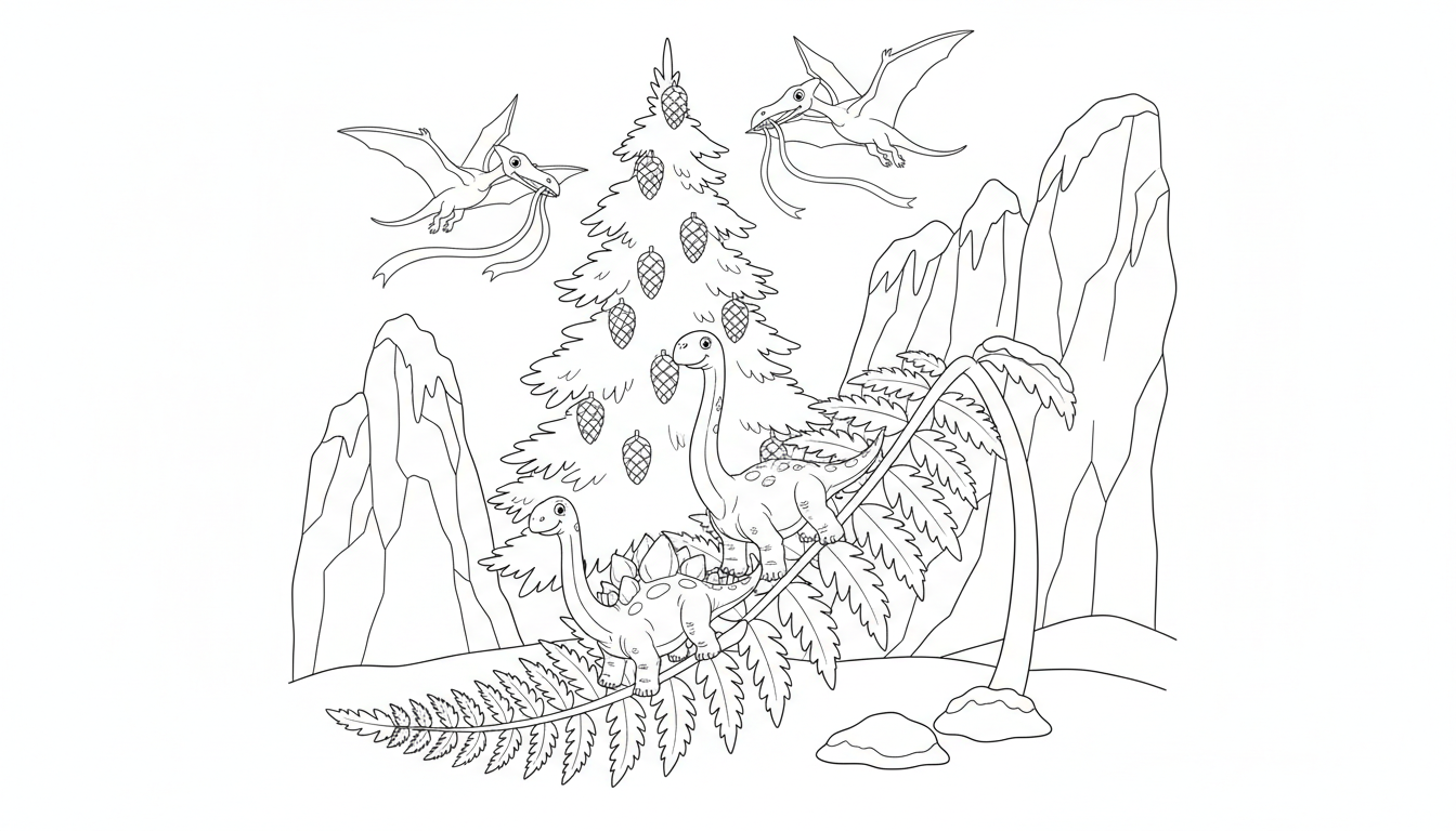 small dinosaurs and pterosaurs in snowy prehistoric landscape coloring page to print