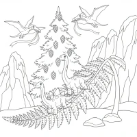 small dinosaurs and pterosaurs in snowy prehistoric landscape