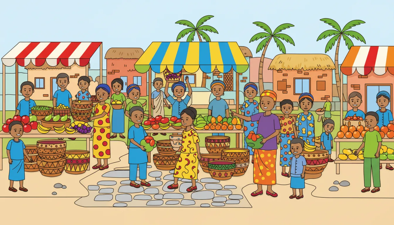 African market scene with baskets and fruits coloring page to print