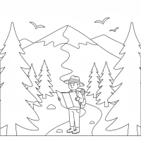 mountain trail with hiker and campsite