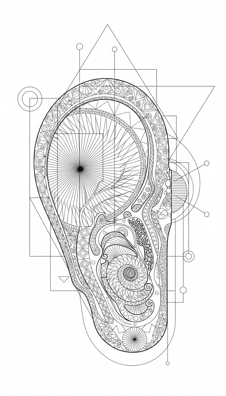 Human ear with detailed eardrum and bones coloring page to print