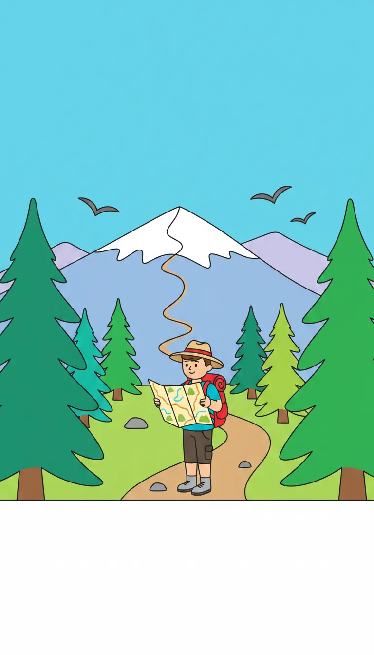 mountain trail with hiker and campsite coloring page to print