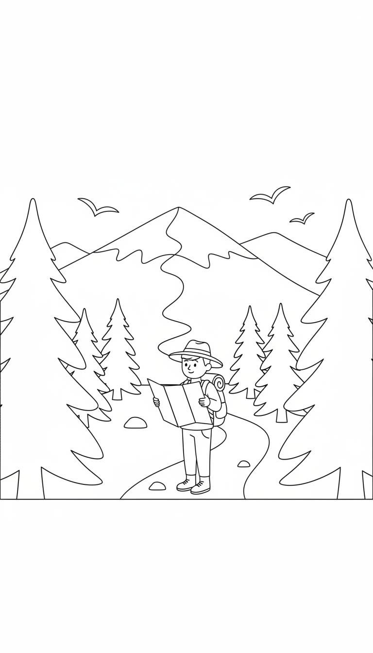 mountain trail with hiker and campsite coloring page to print