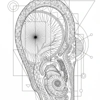 Human ear with detailed eardrum and bones
