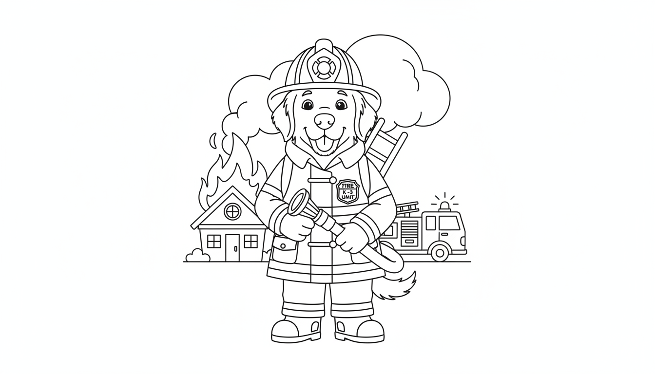Dog firefighter in uniform coloring page to print