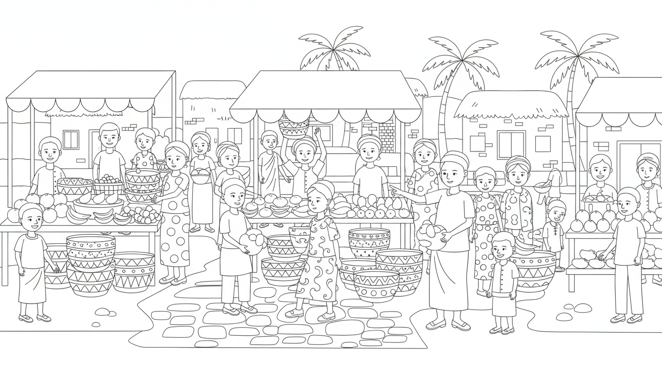 African market scene with baskets and fruits coloring page to print