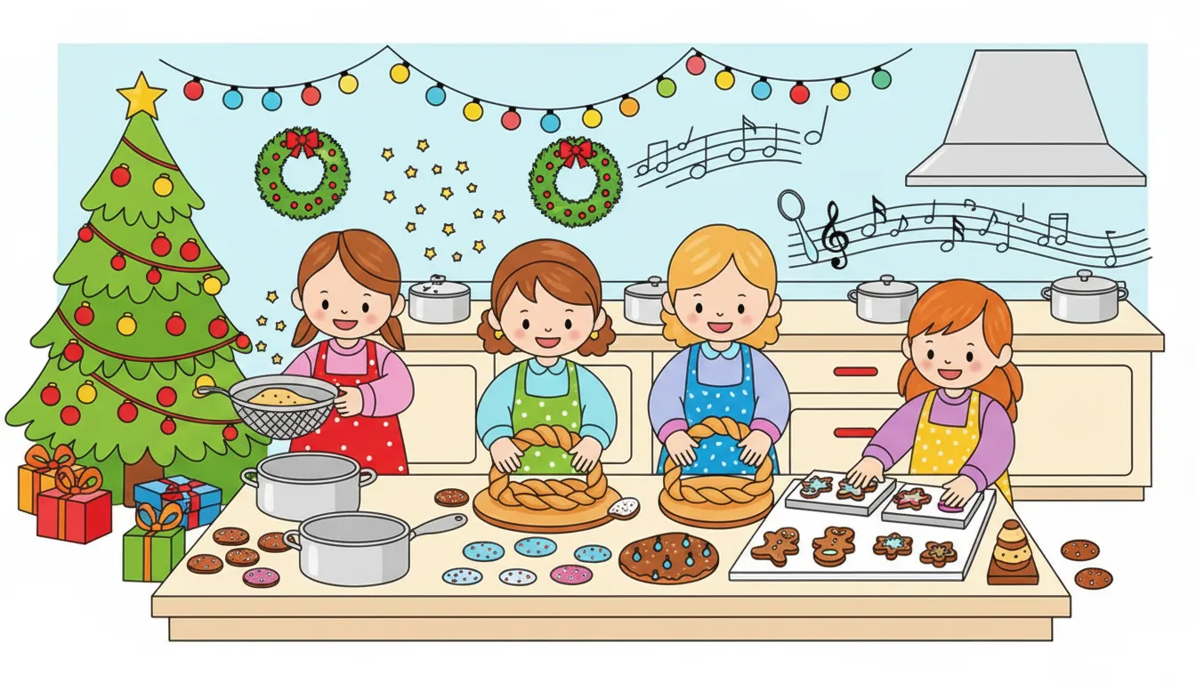 Christmas kitchen scene with baking and musical aroma coloring page to print
