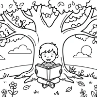 Child reading under a big oak tree in spring