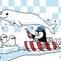 Funny penguin postal boat in winter scene