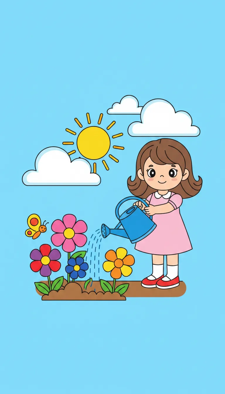 Little girl with watering can tending flowers coloring page to print