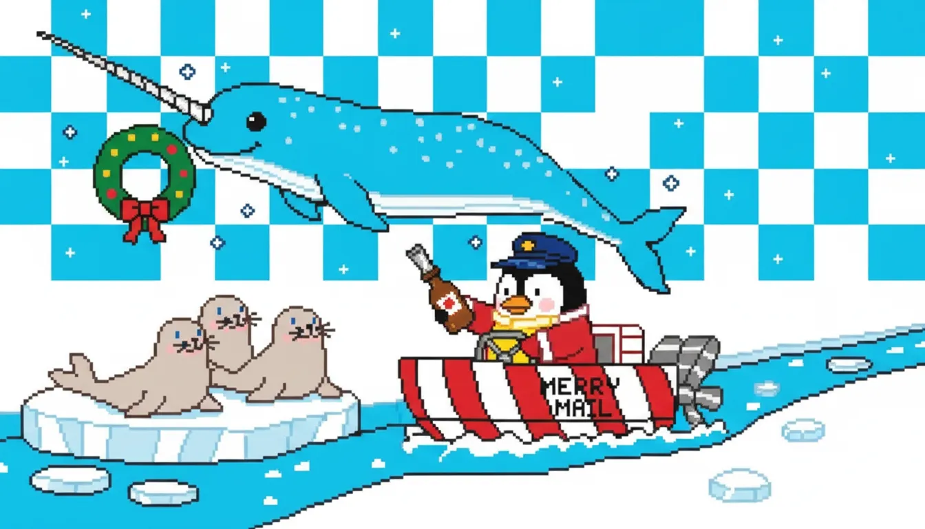 Funny penguin postal boat in winter scene coloring page to print
