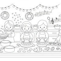 Christmas kitchen scene with baking and musical aroma