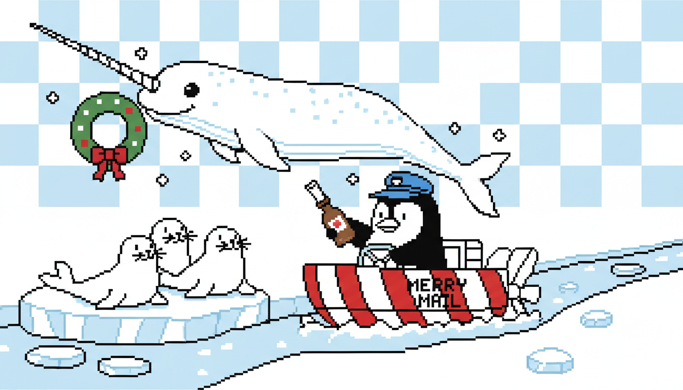 Funny penguin postal boat in winter scene coloring page to print