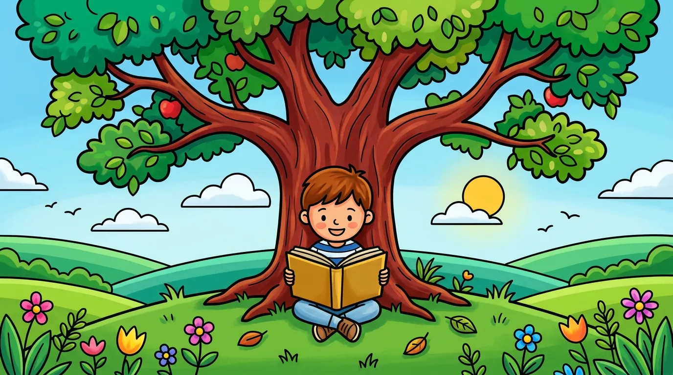 Child reading under a big oak tree in spring coloring page to print