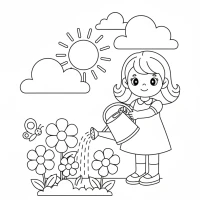 Little girl with watering can tending flowers