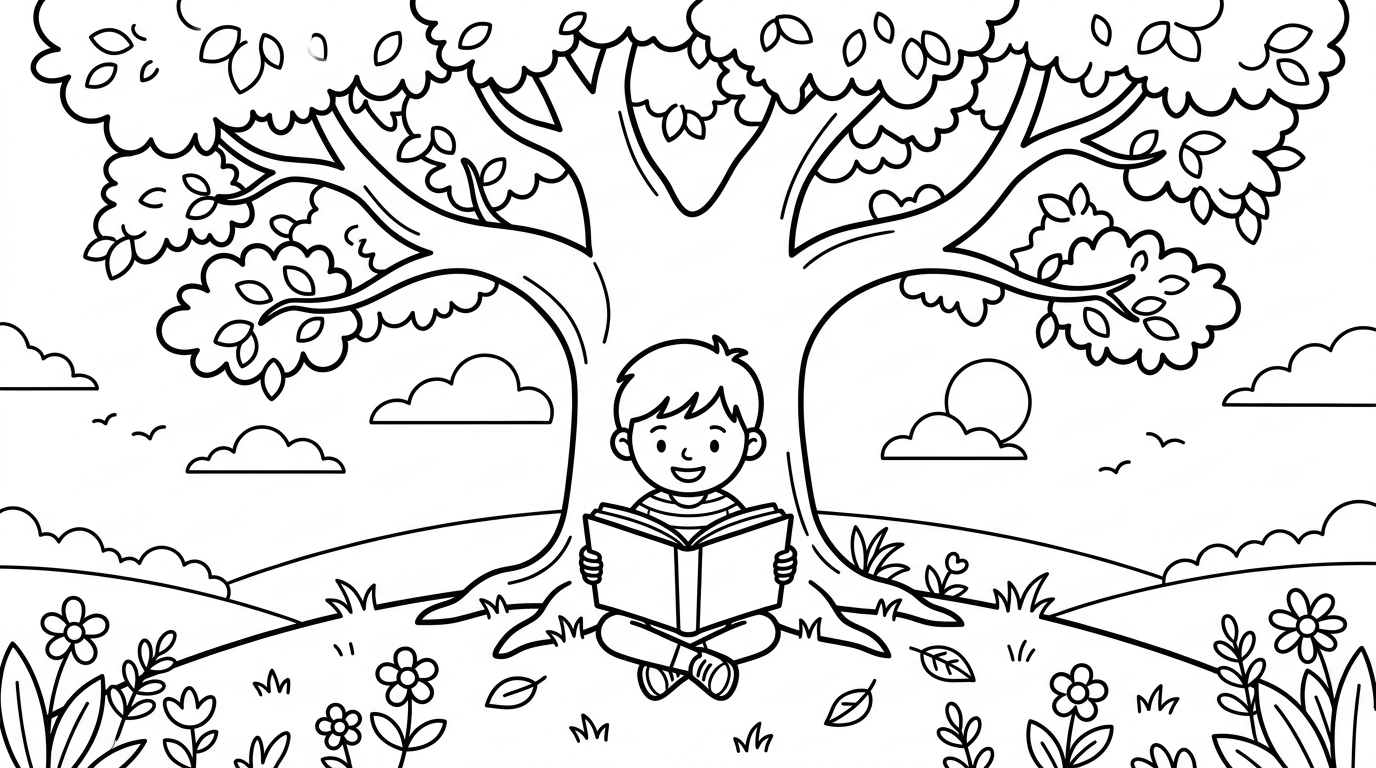 Child reading under a big oak tree in spring coloring page to print