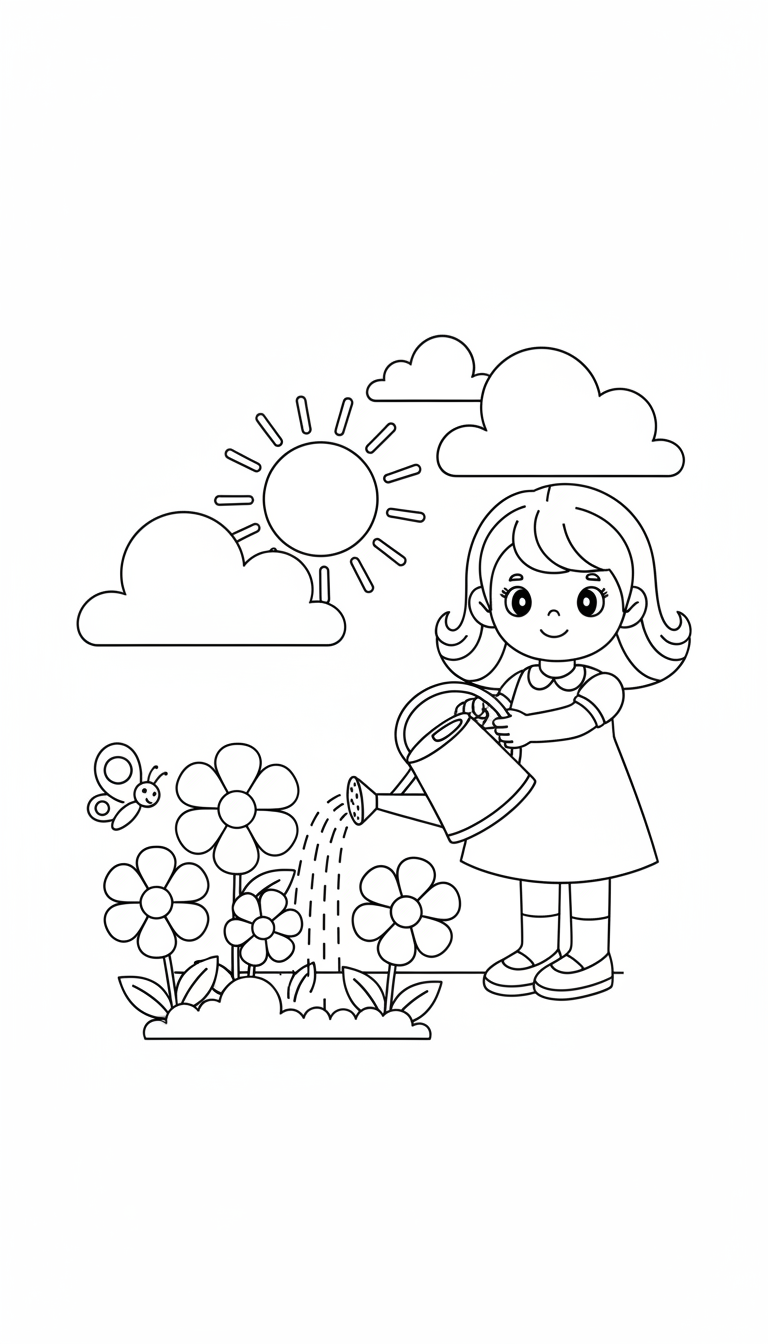 Little girl with watering can tending flowers coloring page to print
