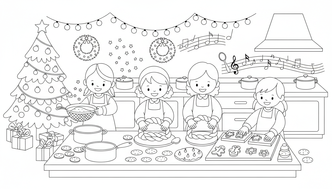 Christmas kitchen scene with baking and musical aroma coloring page to print