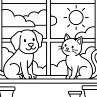 dog and cat in sunny window sill