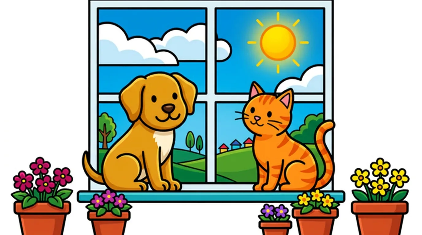 dog and cat in sunny window sill coloring page to print