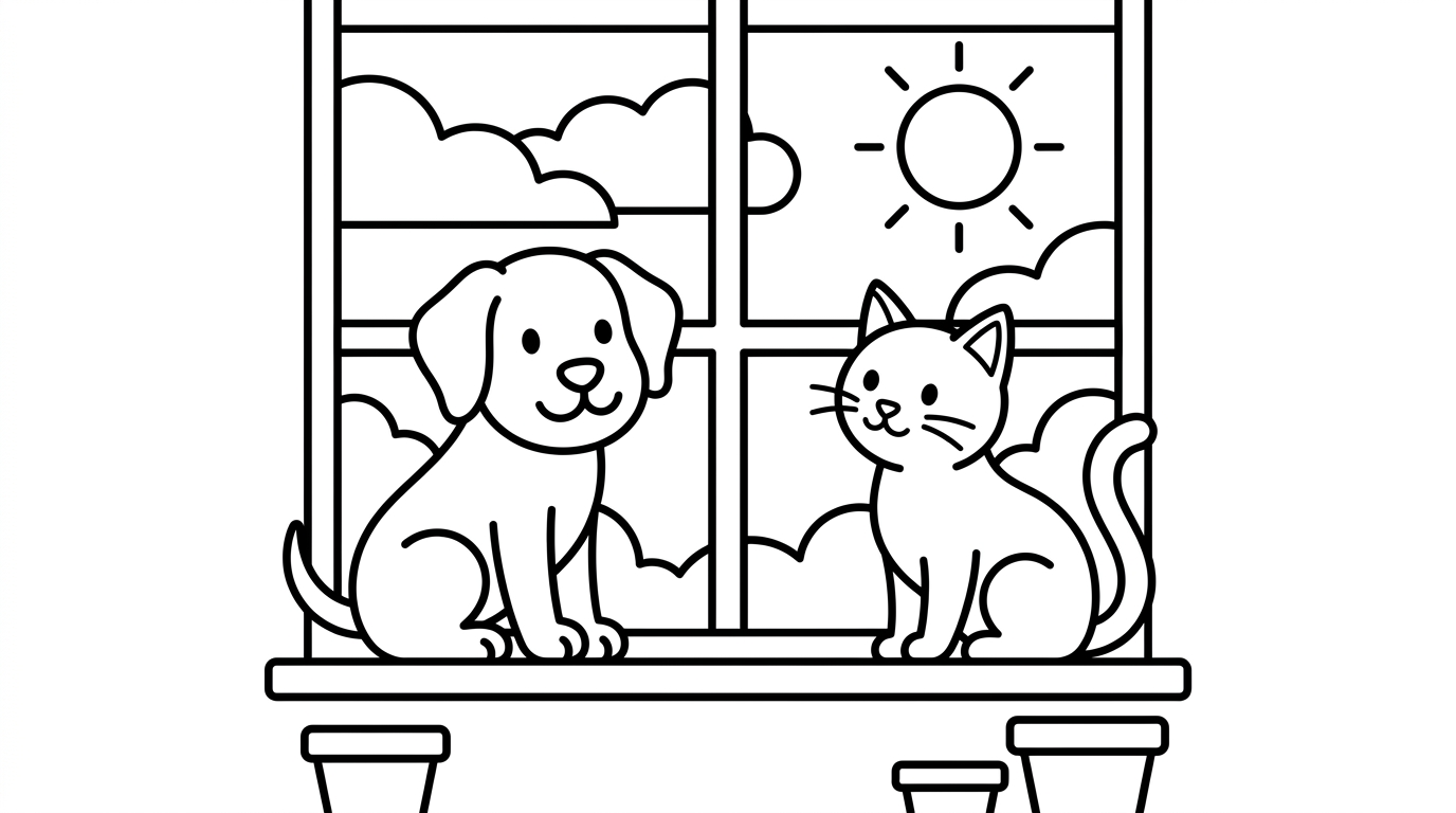 dog and cat in sunny window sill coloring page to print