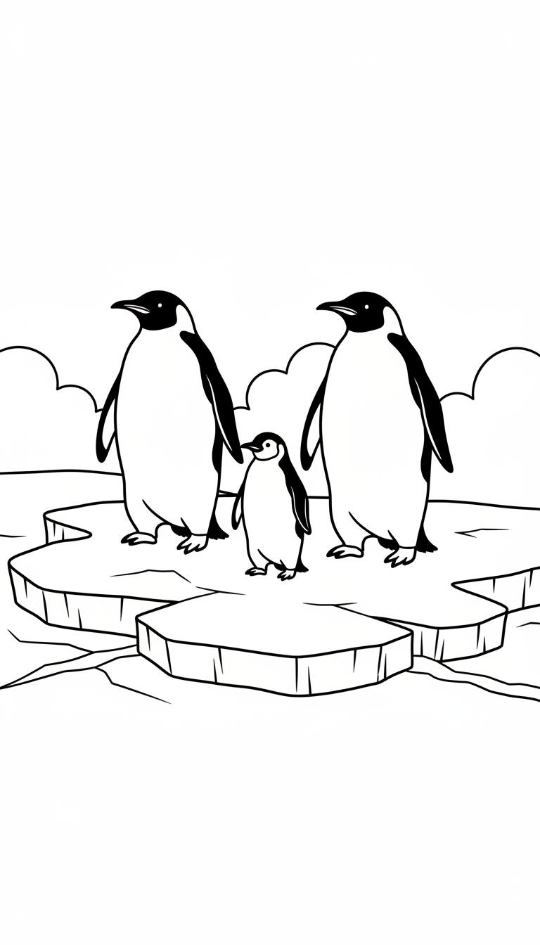family of penguins waddling on ice coloring page to print