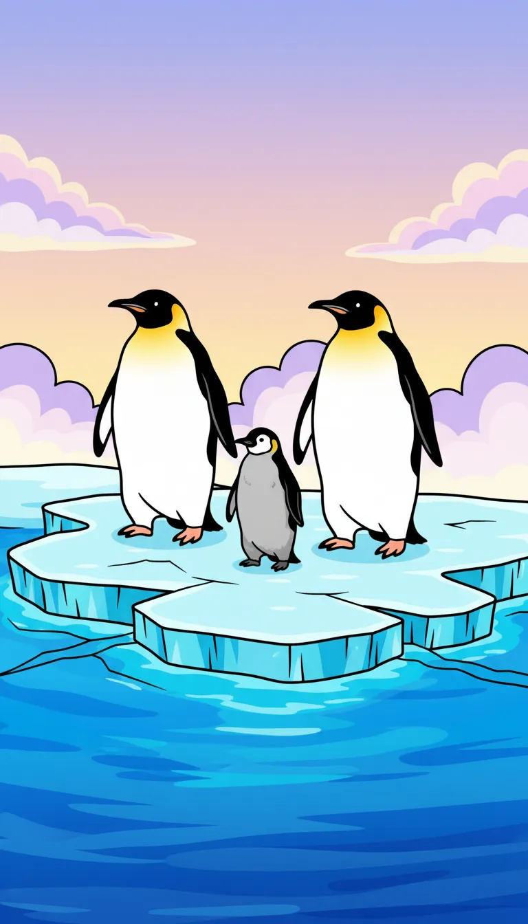 family of penguins waddling on ice coloring page to print
