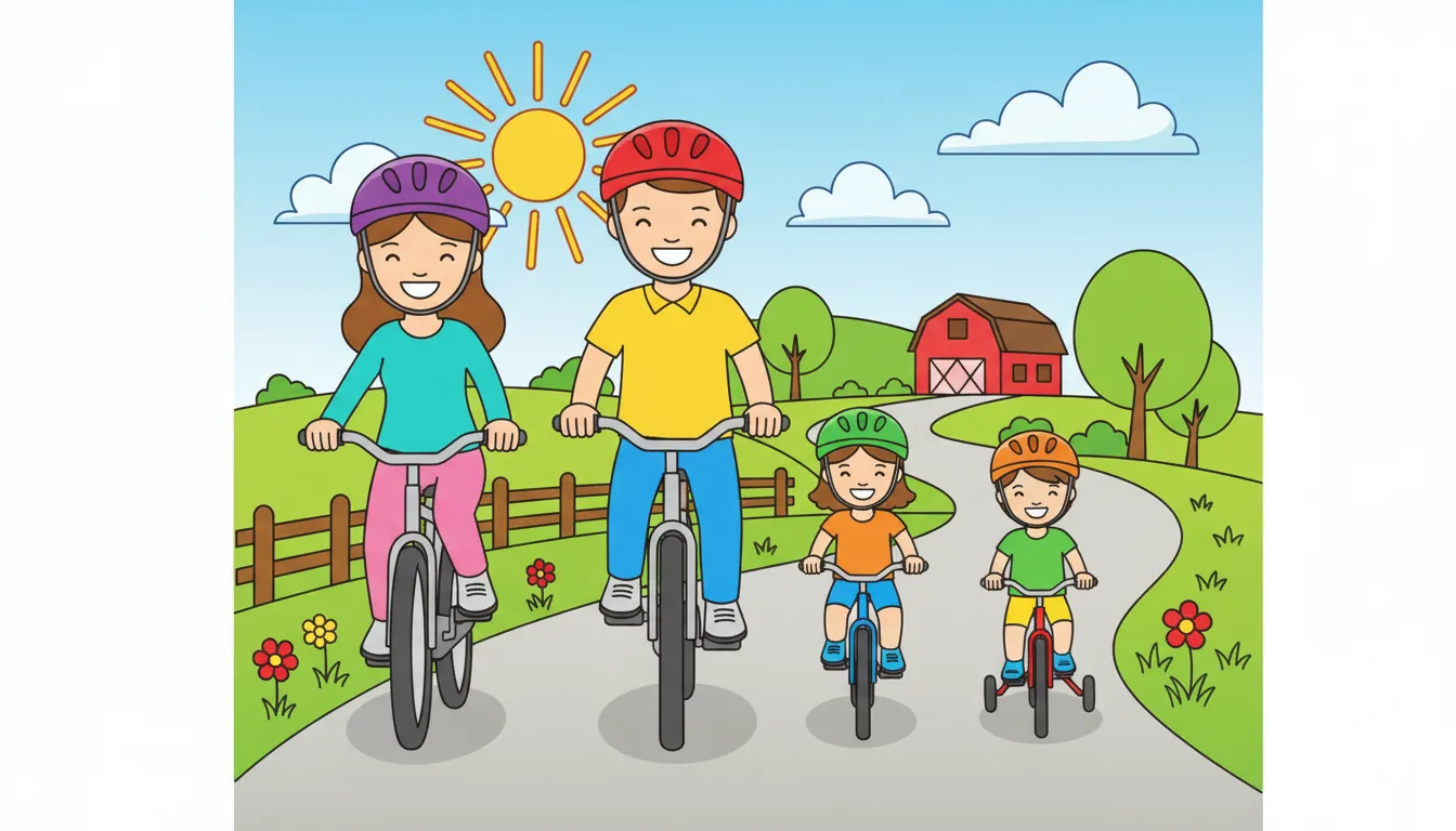 A happy family riding bikes along a country road. coloring page to print